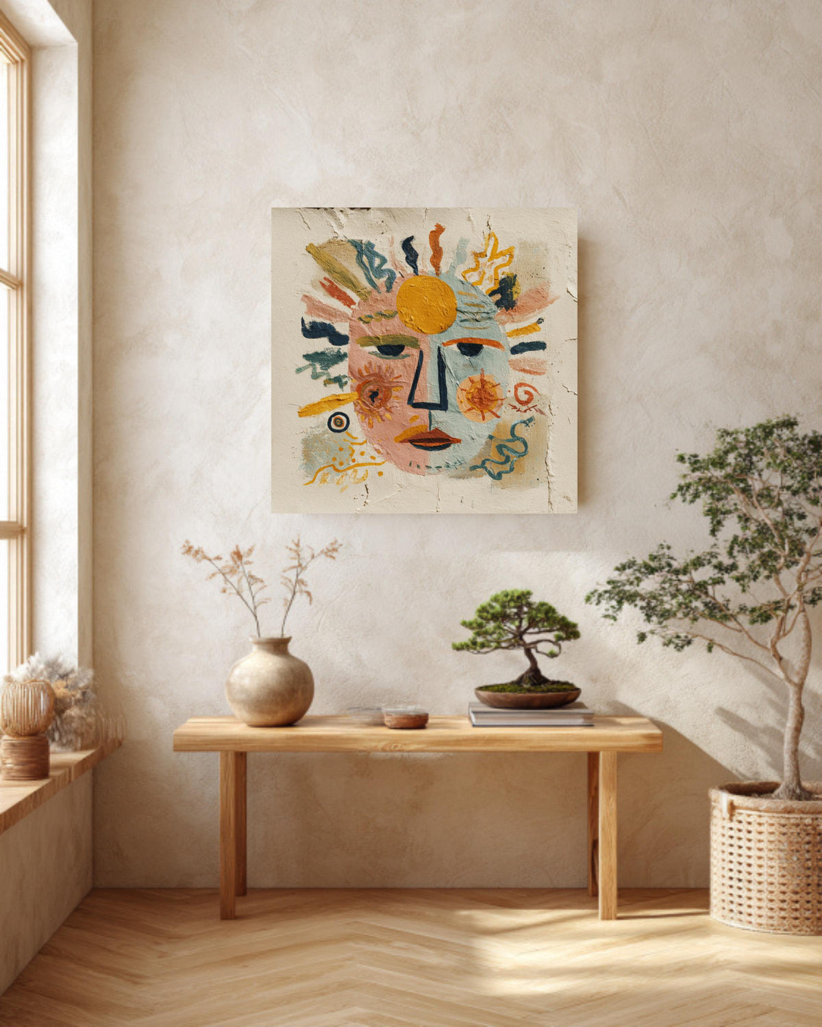 Abstract Face Canvas Art, Sun and Moon Folk Art, Eclectic Decor