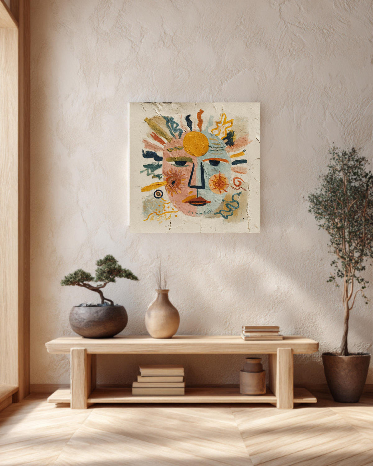 Abstract Face Canvas Art, Sun and Moon Folk Art, Eclectic Decor