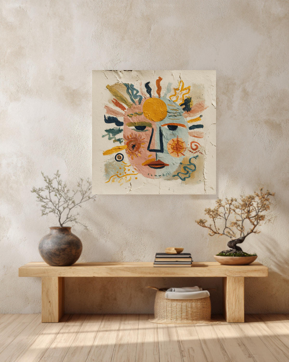 Abstract Face Canvas Art, Sun and Moon Folk Art, Eclectic Decor