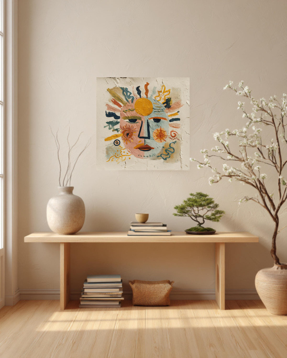Abstract Face Canvas Art, Sun and Moon Folk Art, Eclectic Decor