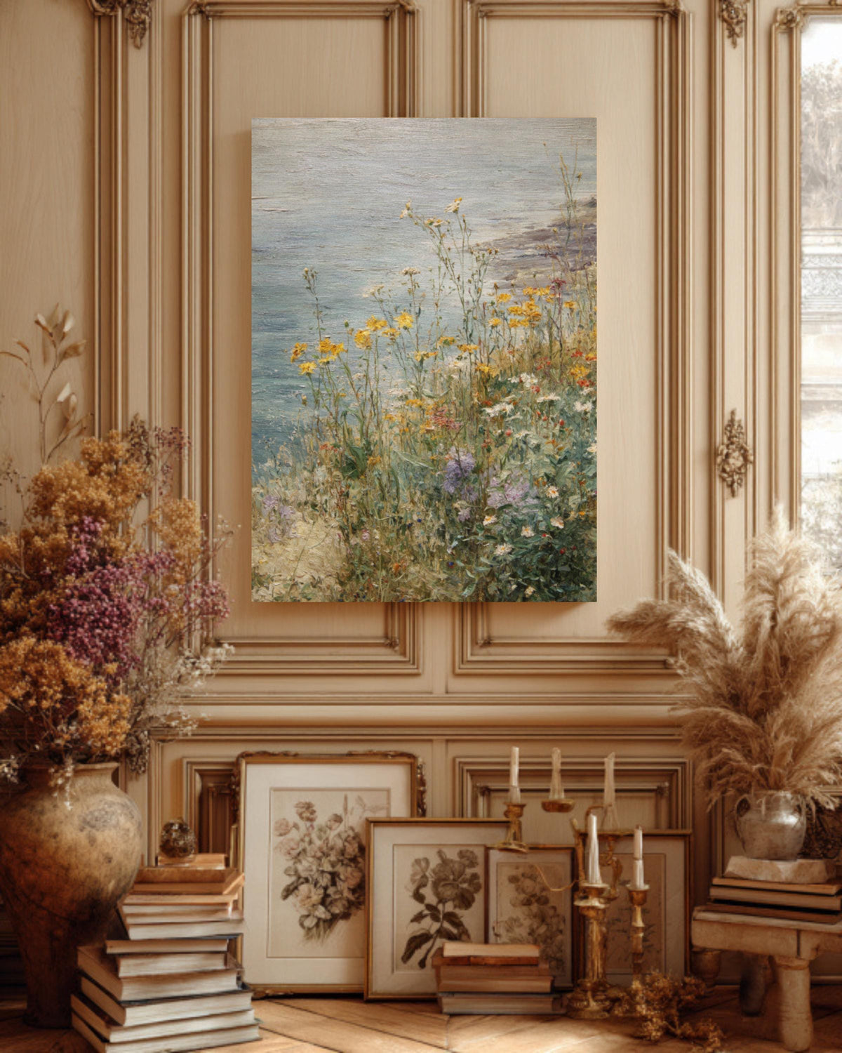 Impressionist Wildflower Canvas Art: Coastal Meadow Landscape, Beach House Decor