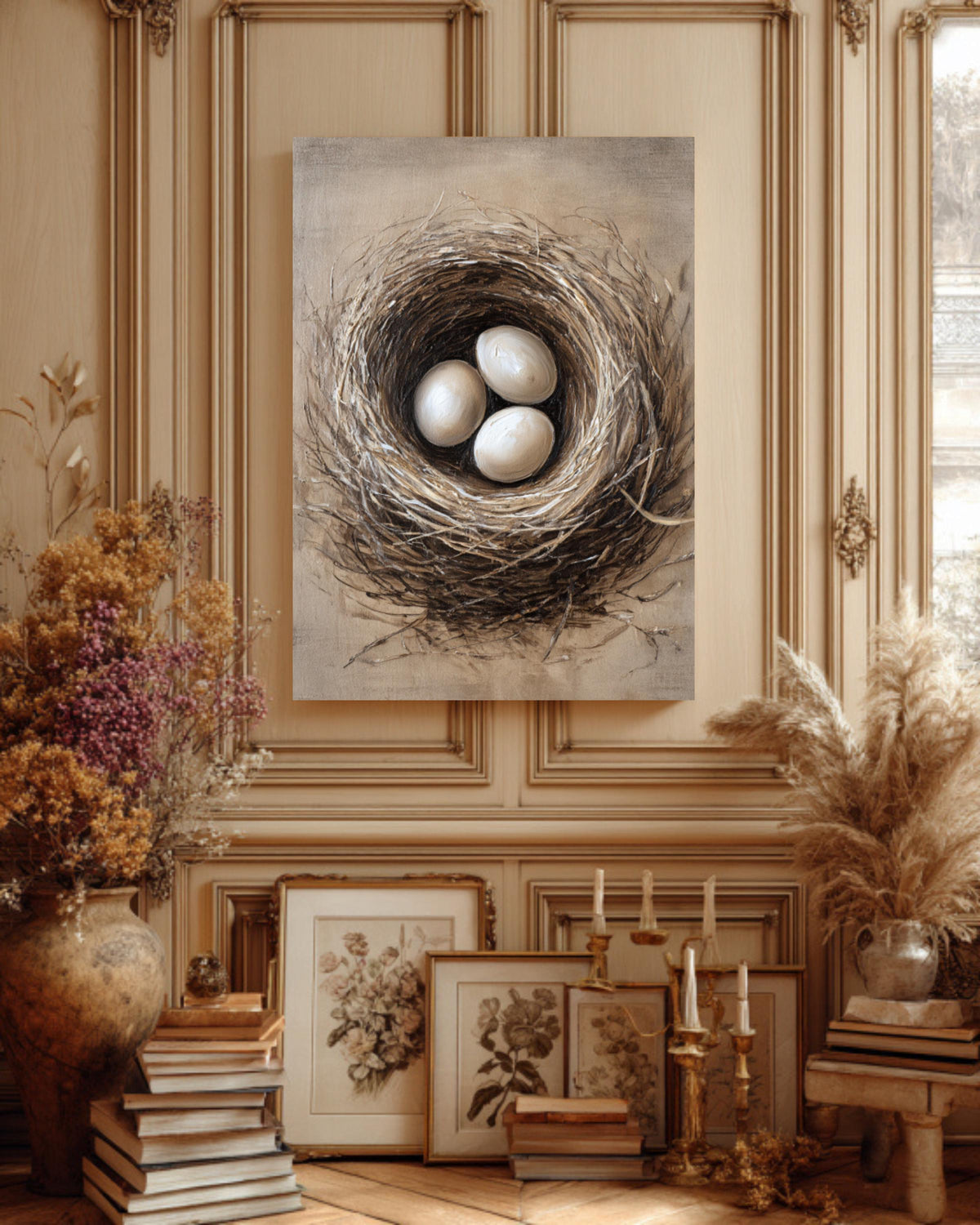Rustic Bird Nest Canvas Print: Neutral Farmhouse Wall Art
