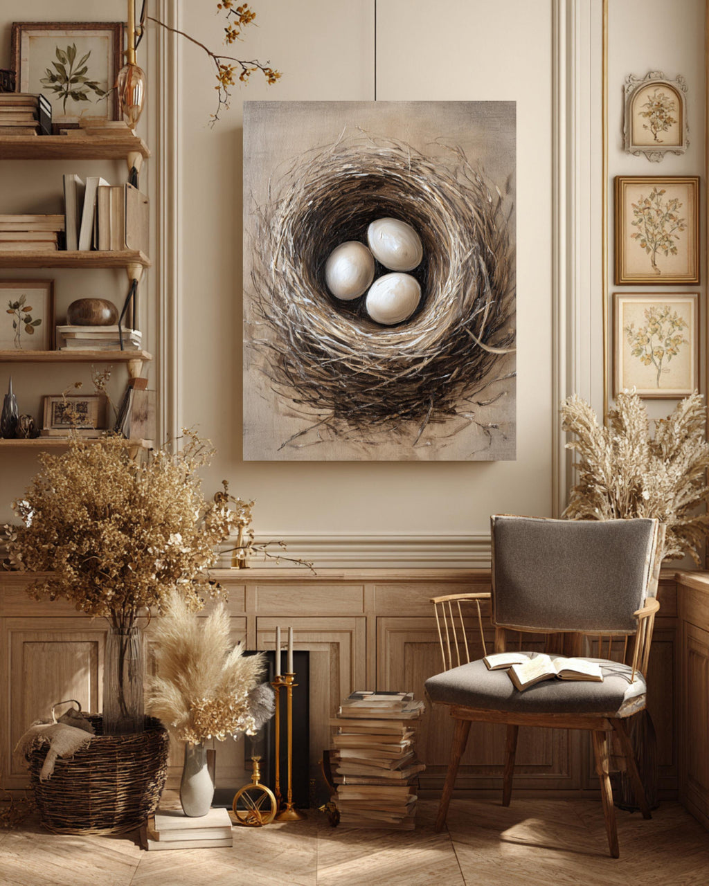 Rustic Bird Nest Canvas Print: Neutral Farmhouse Wall Art