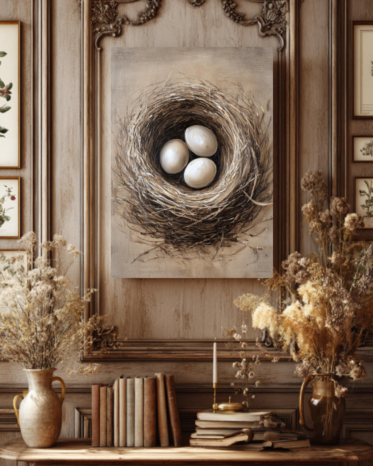 Rustic Bird Nest Canvas Print: Neutral Farmhouse Wall Art