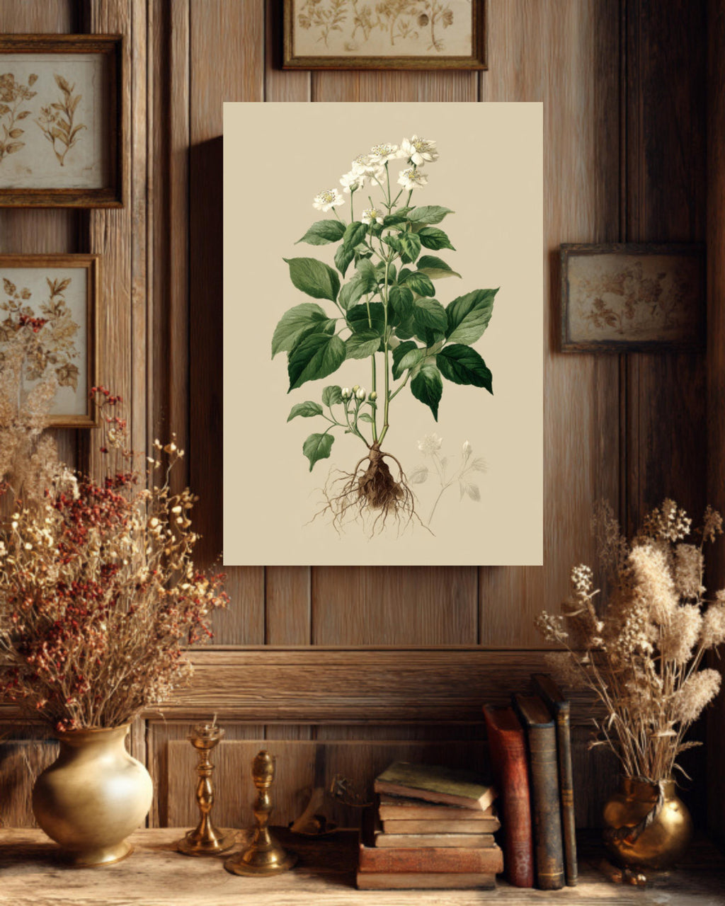 Vintage Botanical Print: White Flowers, Roots, Framed Canvas Art