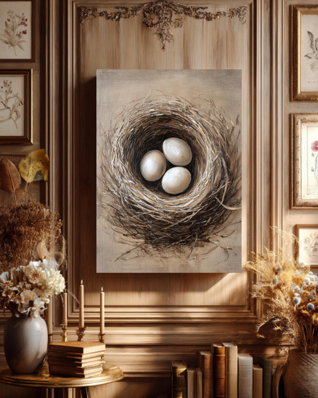 Rustic Bird Nest Canvas Print: Neutral Farmhouse Wall Art