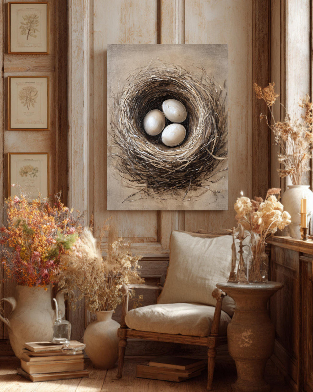 Rustic Bird Nest Canvas Print: Neutral Farmhouse Wall Art