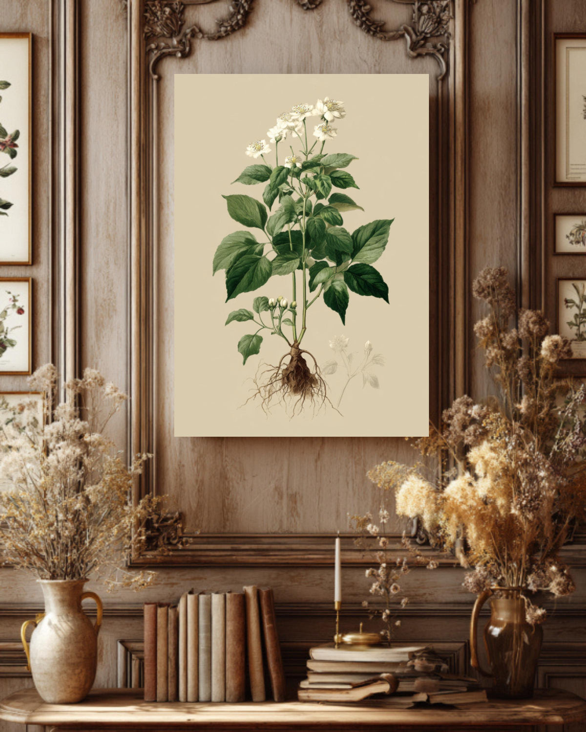 Vintage Botanical Print: White Flowers, Roots, Framed Canvas Art