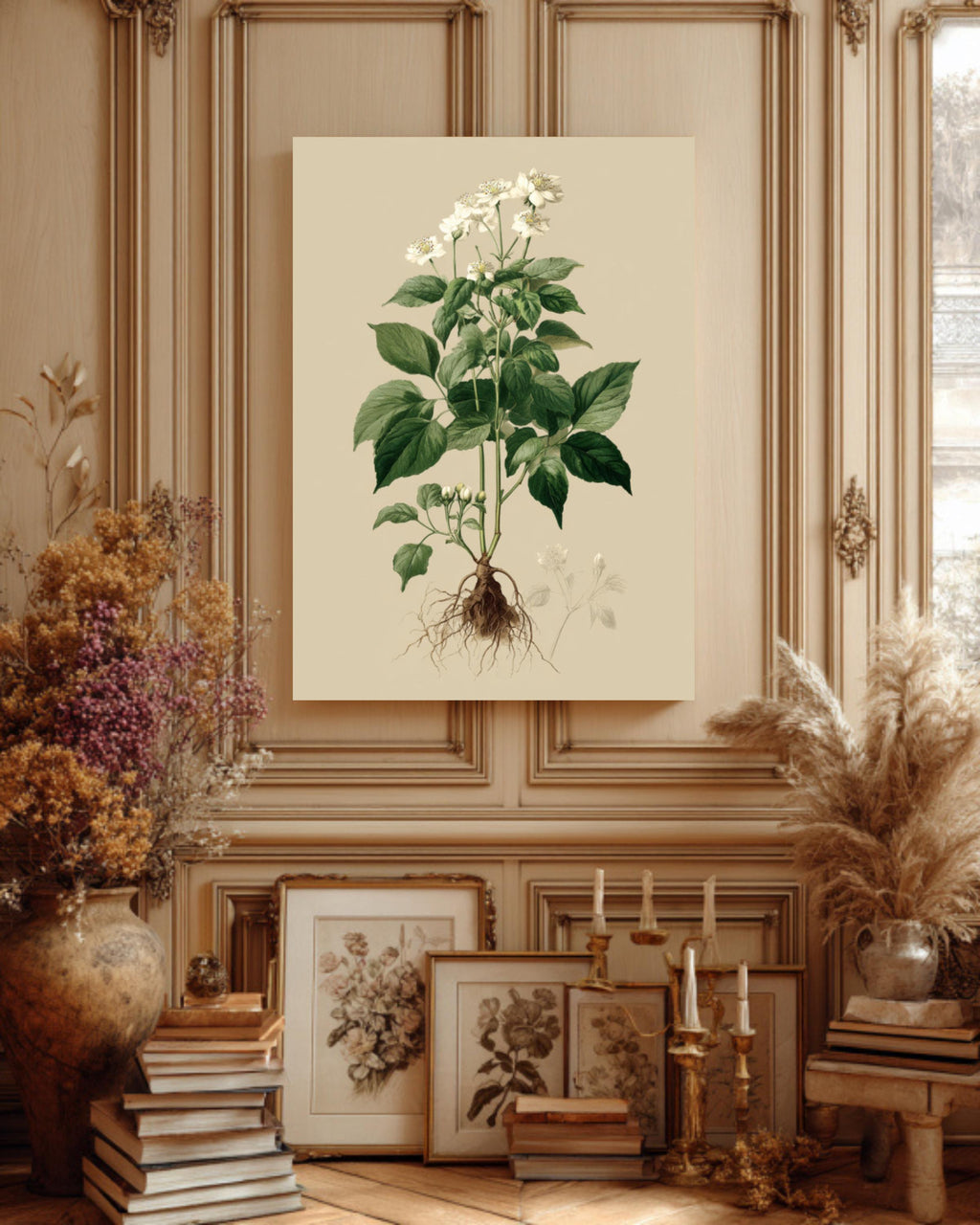 Vintage Botanical Print: White Flowers, Roots, Framed Canvas Art