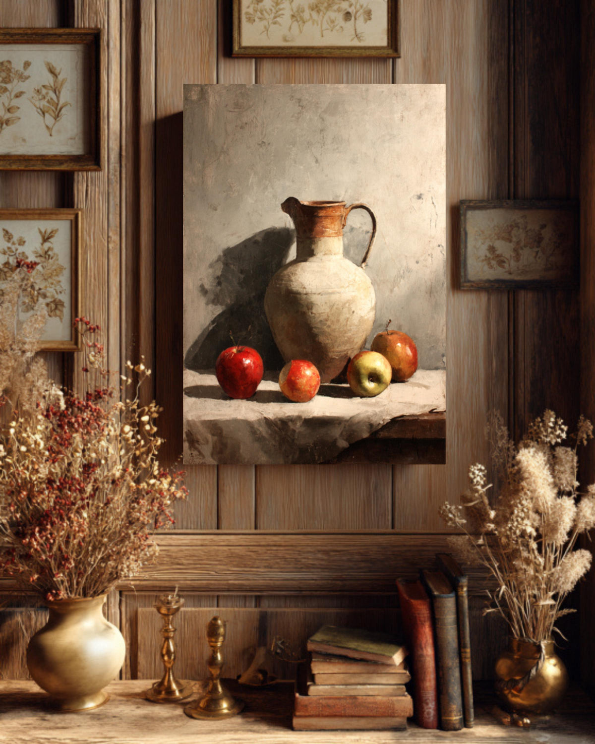 Rustic Kitchen Canvas Art: Ceramic Jug & Red Apples Still Life