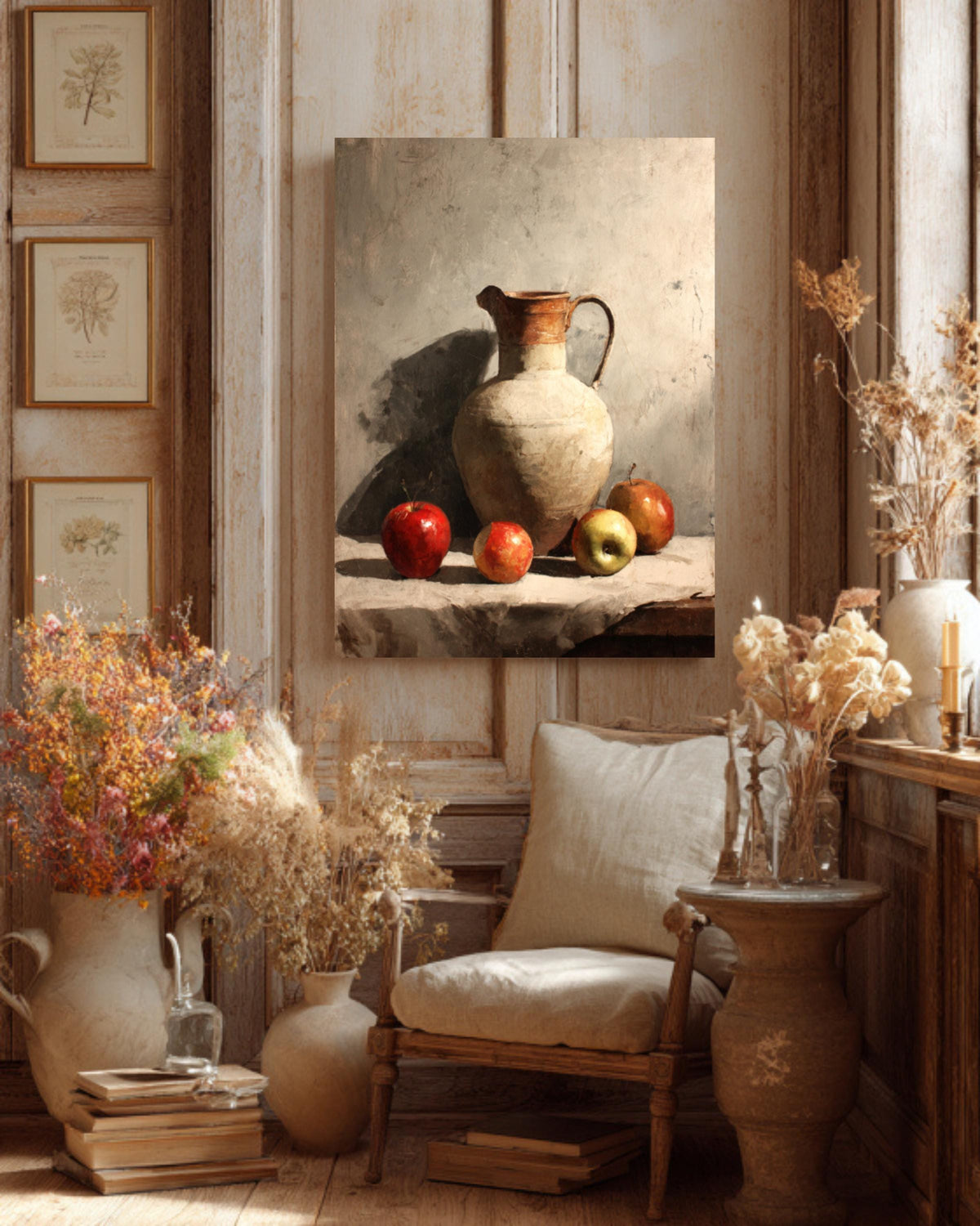 Rustic Kitchen Canvas Art: Ceramic Jug & Red Apples Still Life