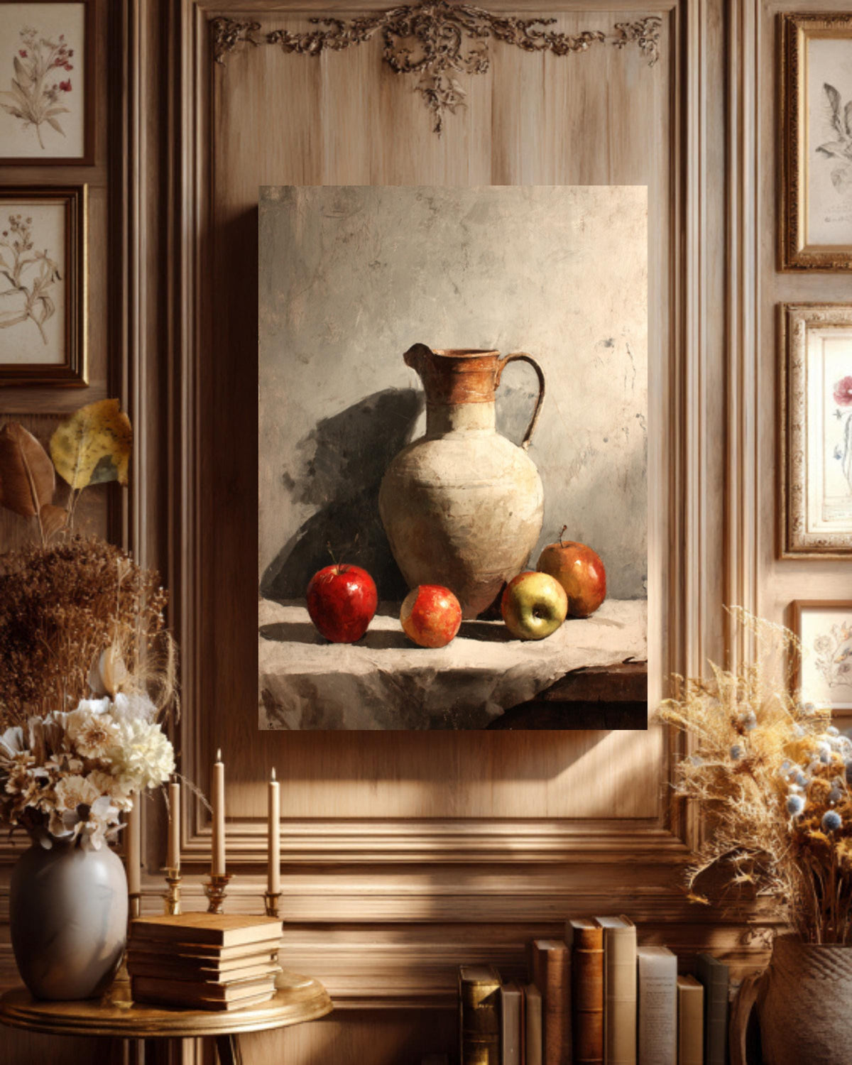 Rustic Kitchen Canvas Art: Ceramic Jug & Red Apples Still Life