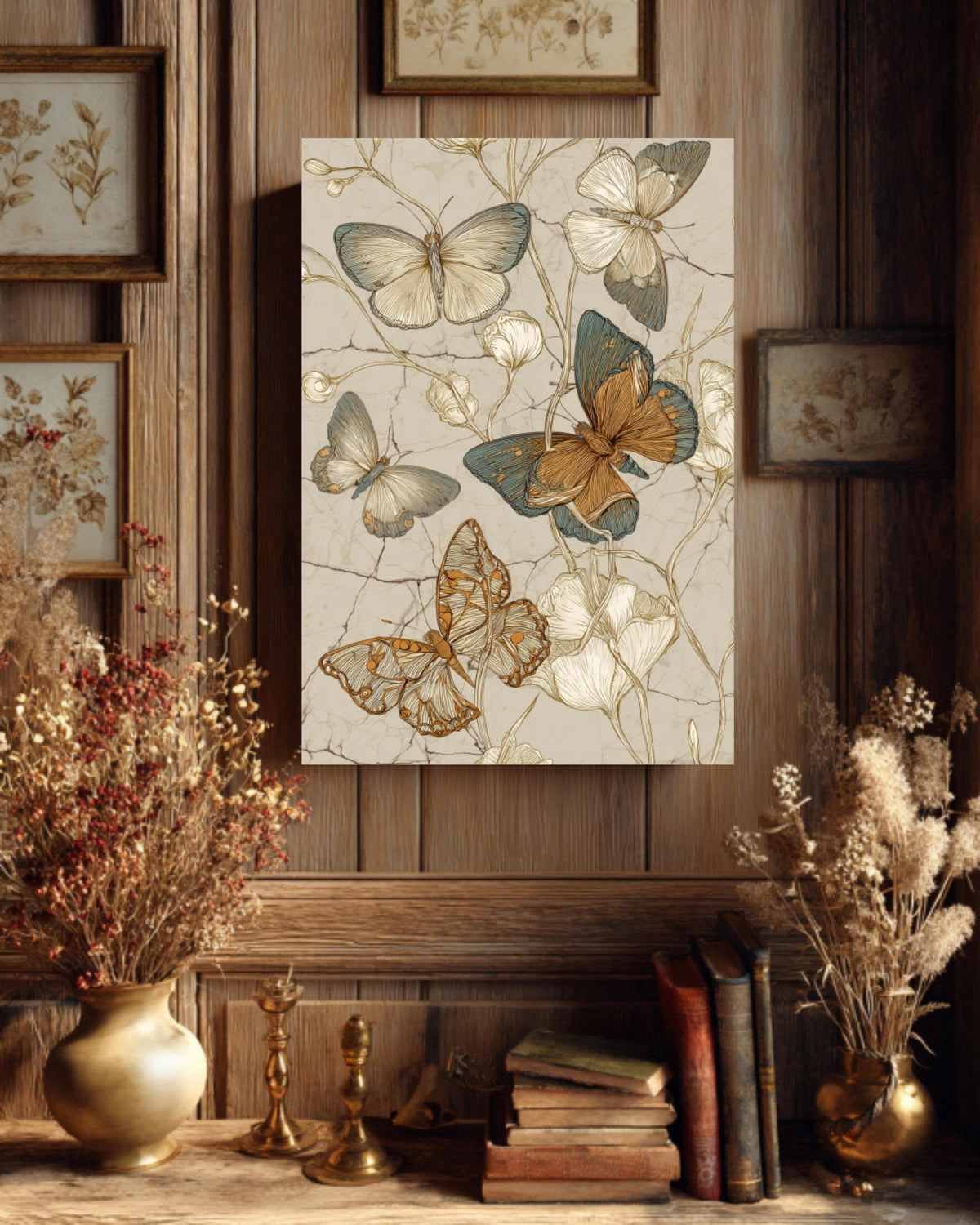 Vintage Butterfly Sketch Canvas Art, Boho Floral Illustration