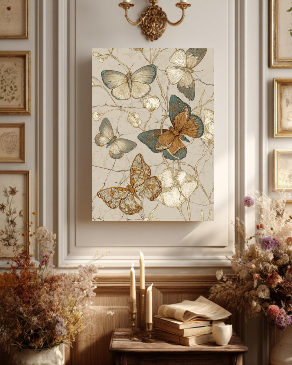 Vintage Butterfly Sketch Canvas Art, Boho Floral Illustration