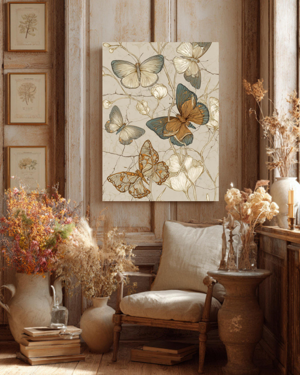 Vintage Butterfly Sketch Canvas Art, Boho Floral Illustration