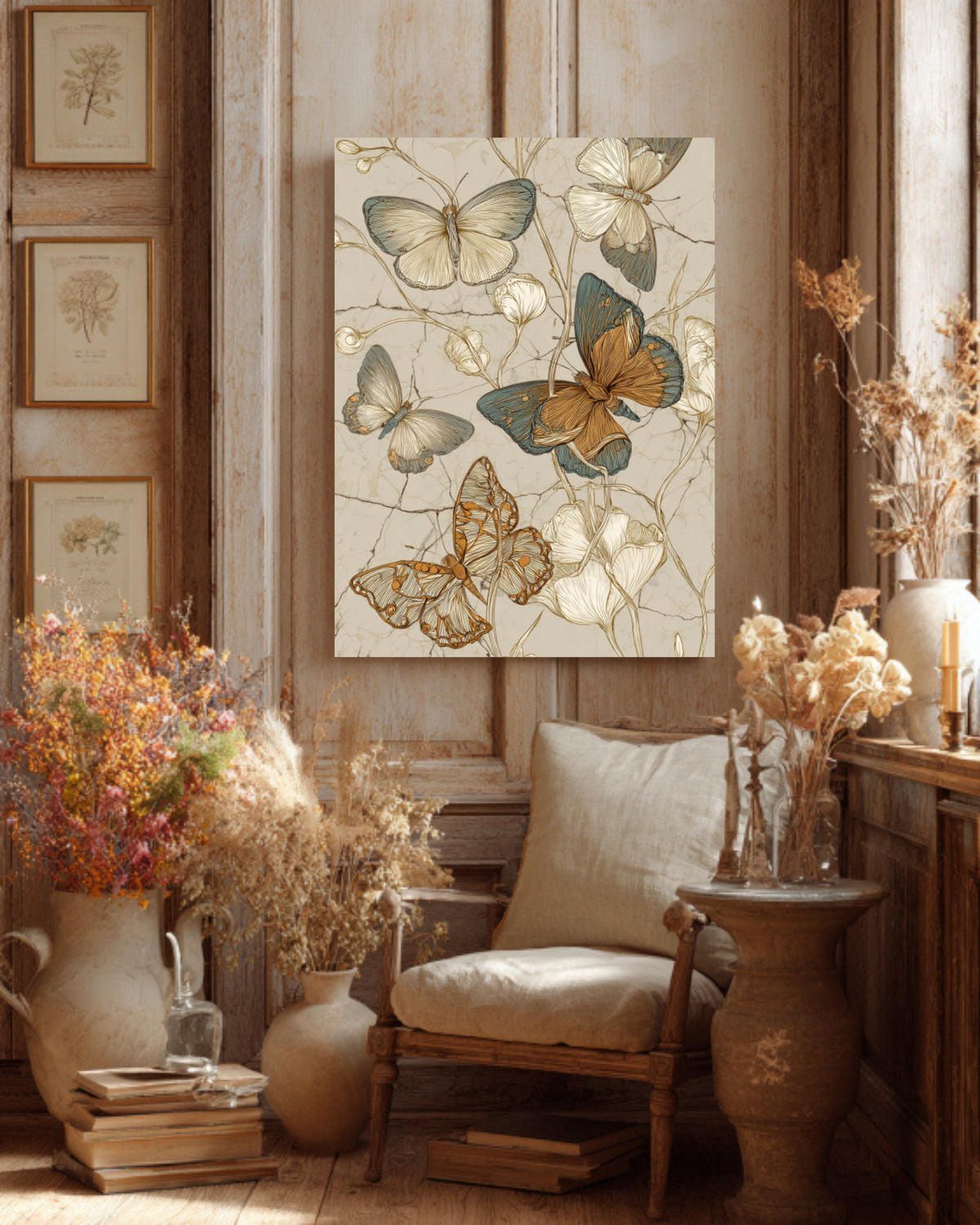 Vintage Butterfly Sketch Canvas Art, Boho Floral Illustration