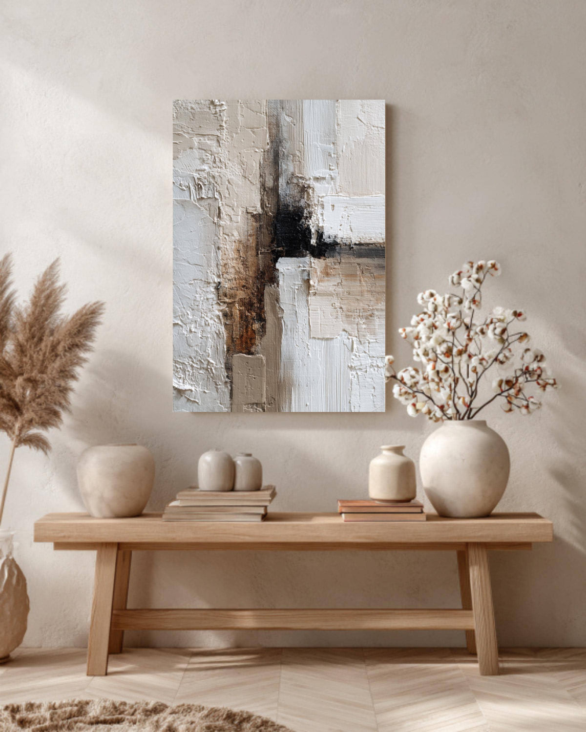 Textured Abstract Canvas Art: Beige Brown Palette Knife Painting