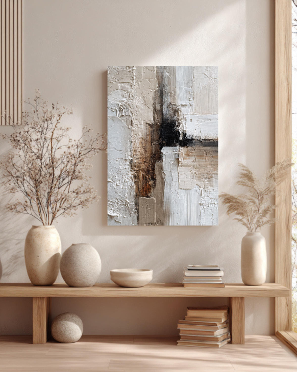 Textured Abstract Canvas Art: Beige Brown Palette Knife Painting