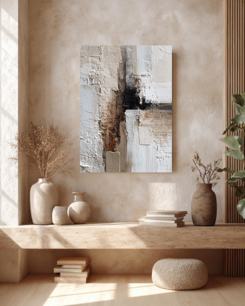 Textured Abstract Canvas Art: Beige Brown Palette Knife Painting