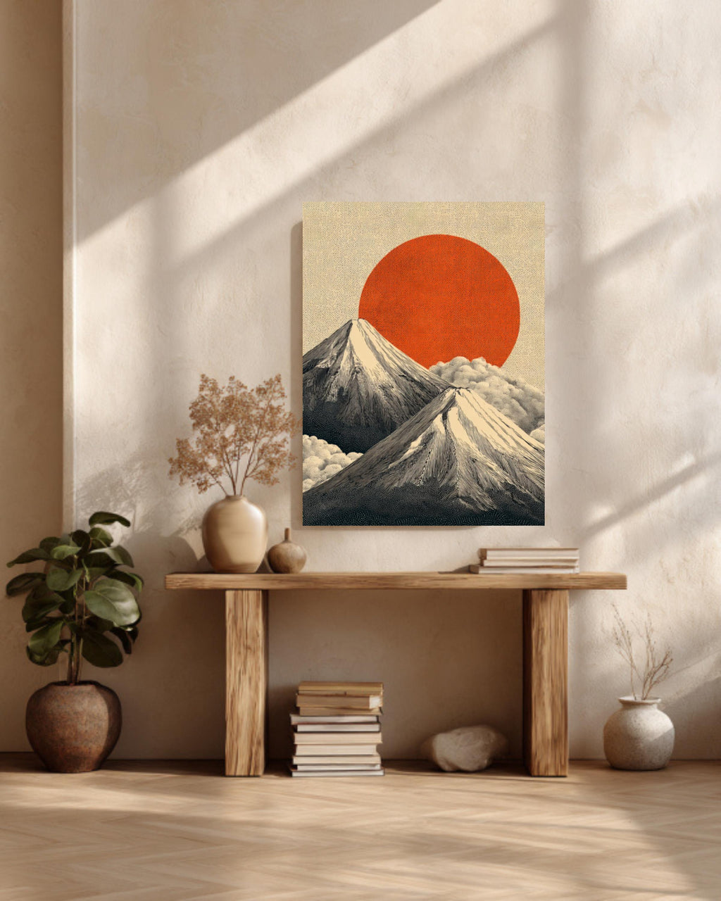 Mount Fuji Canvas Print: Japanese Landscape, Red Sun, Zen Art