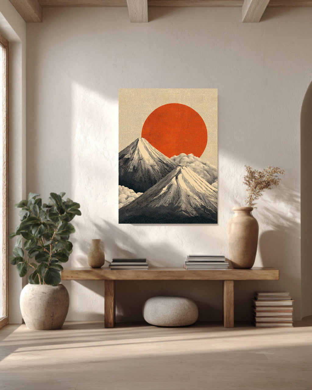 Mount Fuji Canvas Print: Japanese Landscape, Red Sun, Zen Art