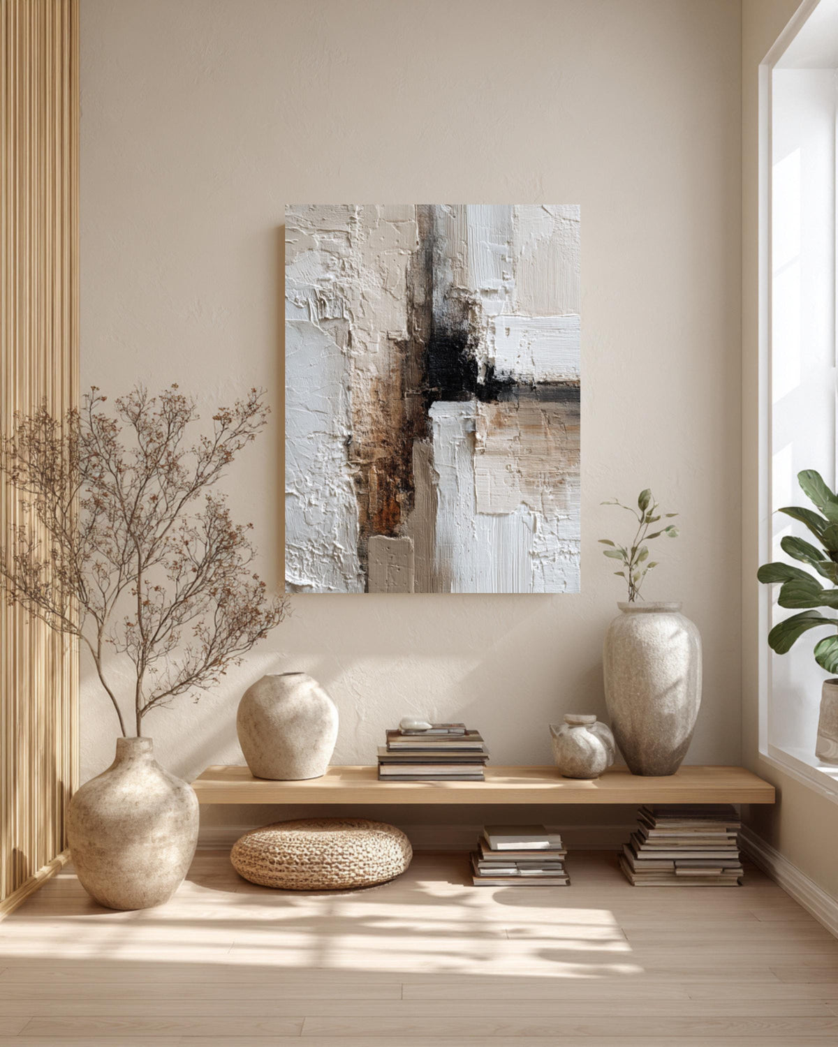 Textured Abstract Canvas Art: Beige Brown Palette Knife Painting