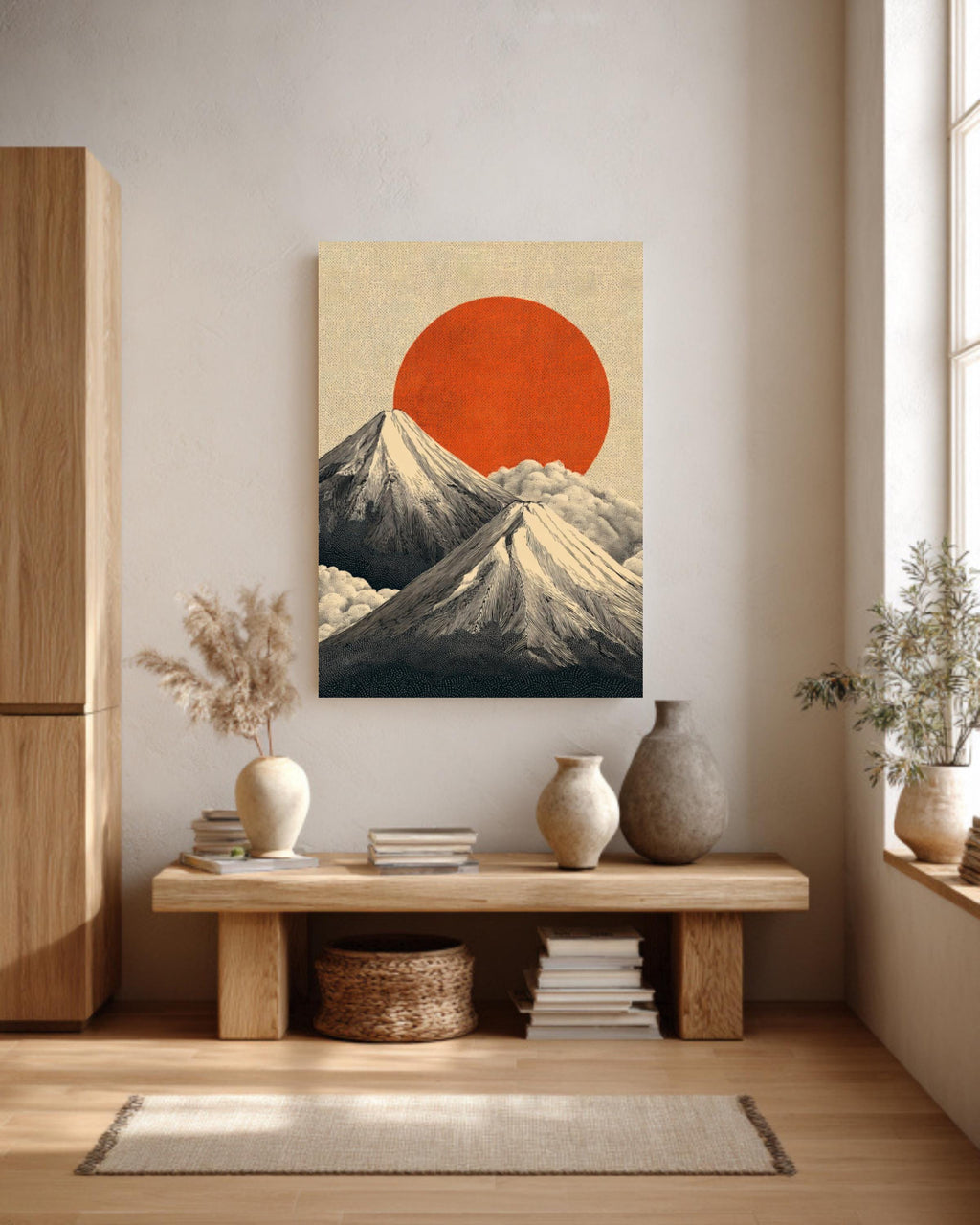 Mount Fuji Canvas Print: Japanese Landscape, Red Sun, Zen Art