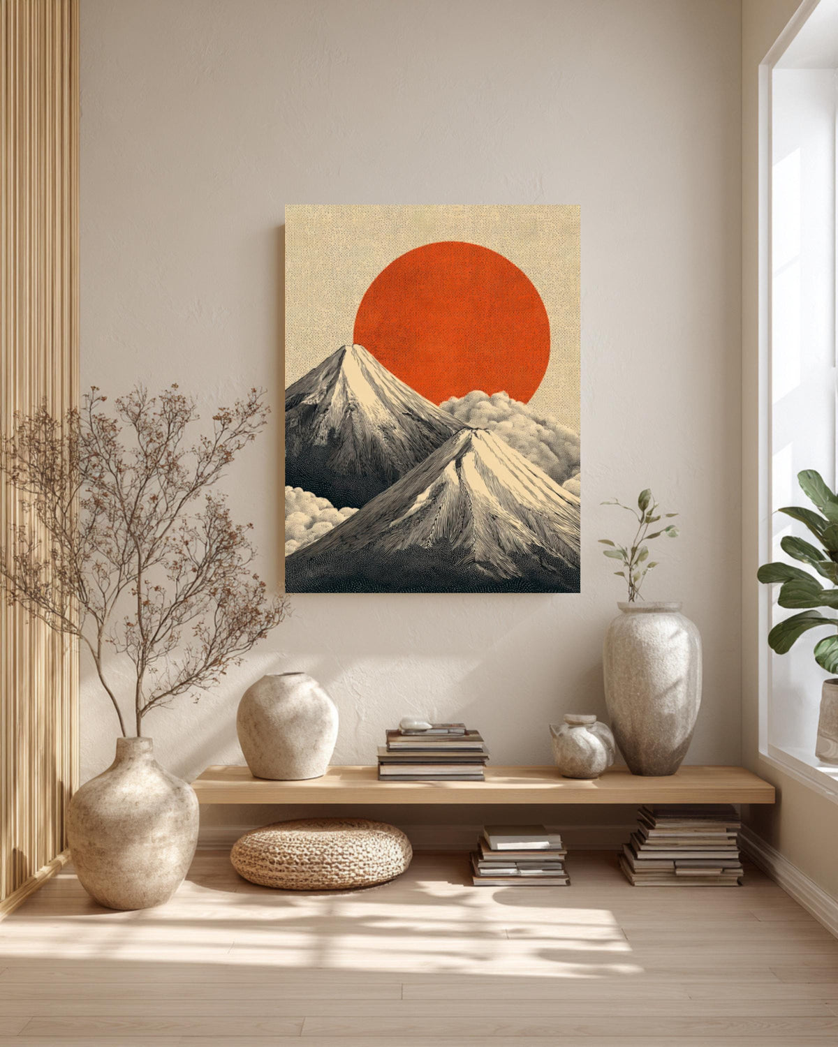 Mount Fuji Canvas Print: Japanese Landscape, Red Sun, Zen Art