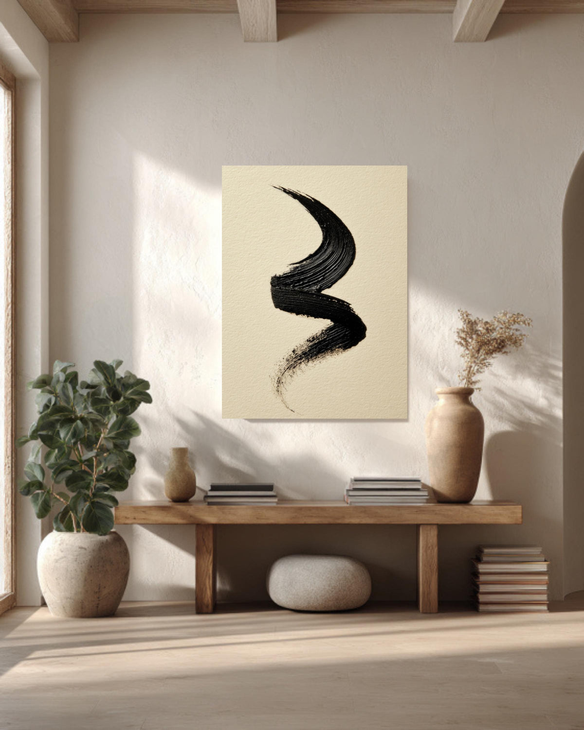 Black Ink Brushstroke Canvas Art, Modern Japandi Wall Decor