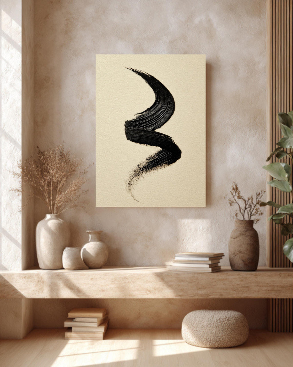 Black Ink Brushstroke Canvas Art, Modern Japandi Wall Decor