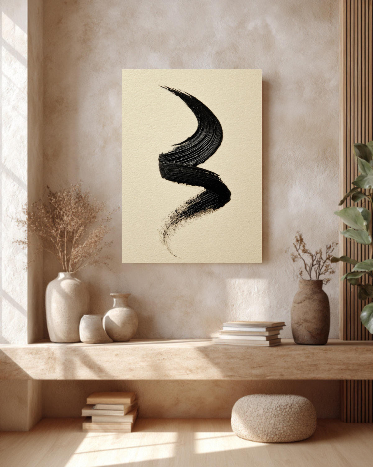 Black Ink Brushstroke Canvas Art, Modern Japandi Wall Decor
