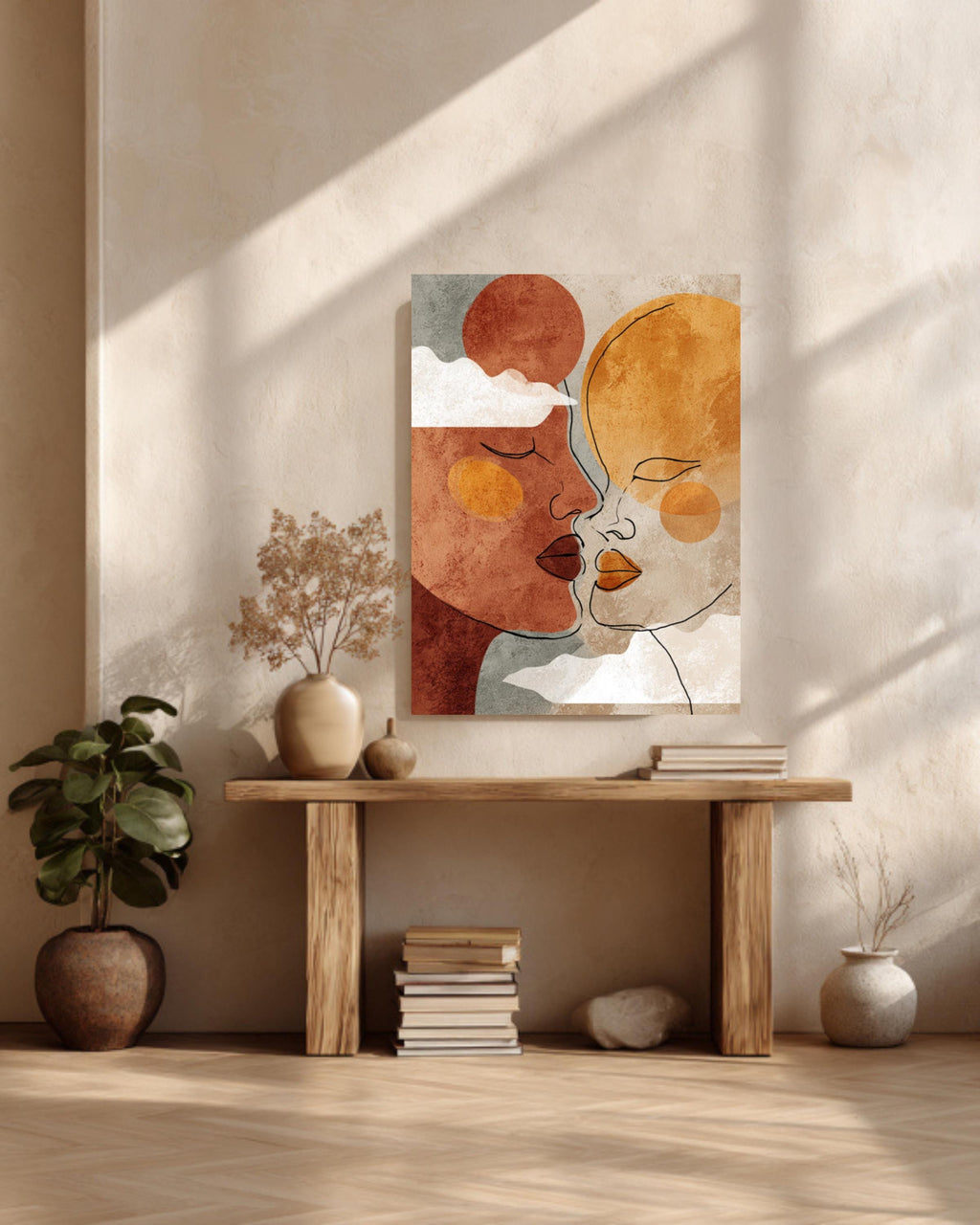 Boho Couple Line Art Canvas Print: Terracotta Sun & Moon