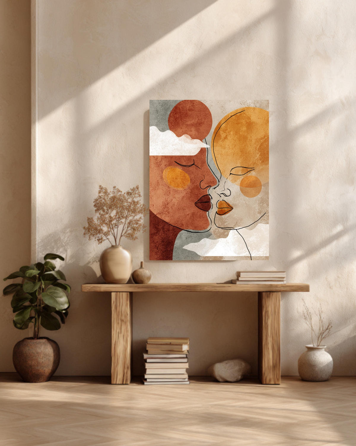 Boho Couple Line Art Canvas Print: Terracotta Sun & Moon