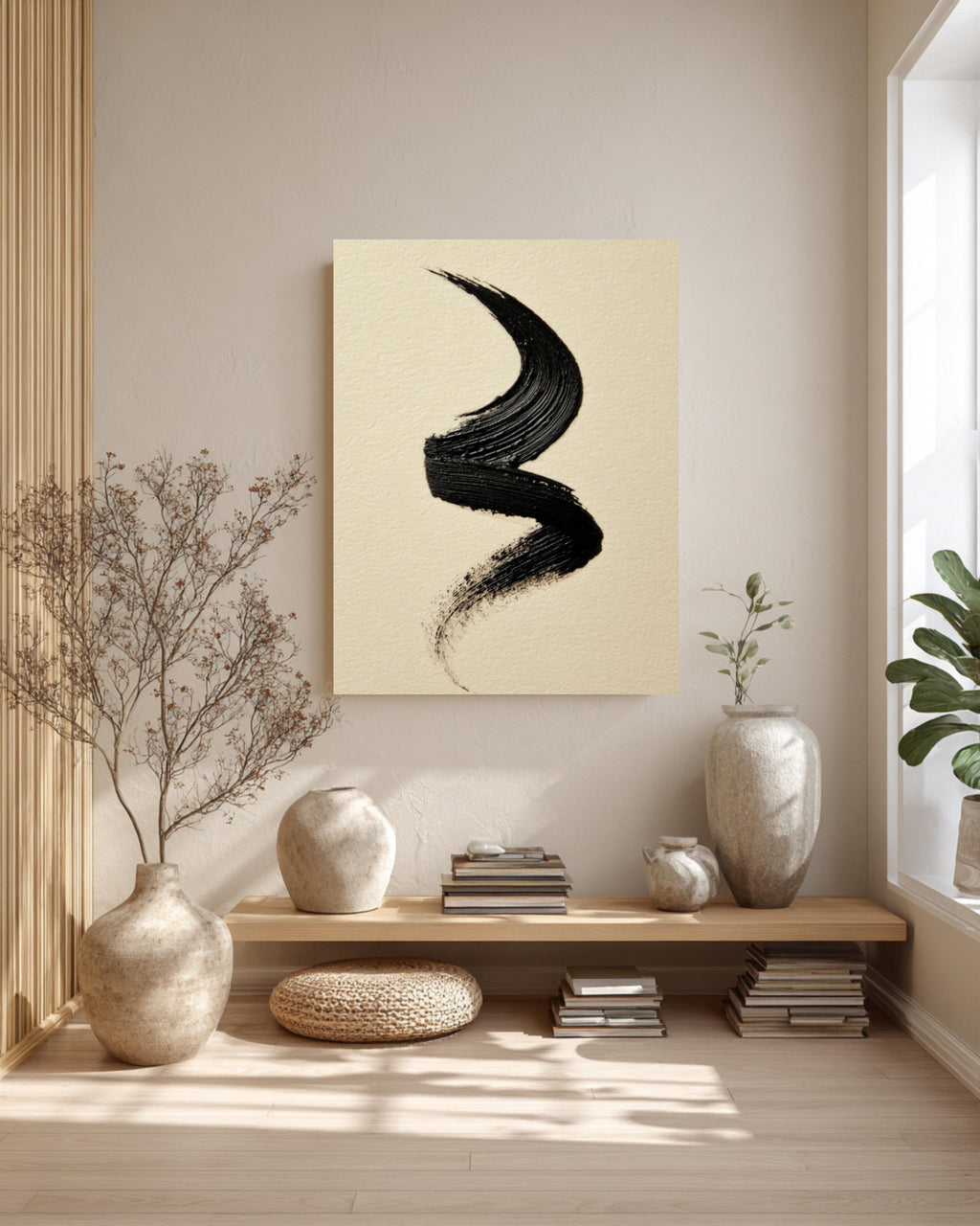 Black Ink Brushstroke Canvas Art, Modern Japandi Wall Decor
