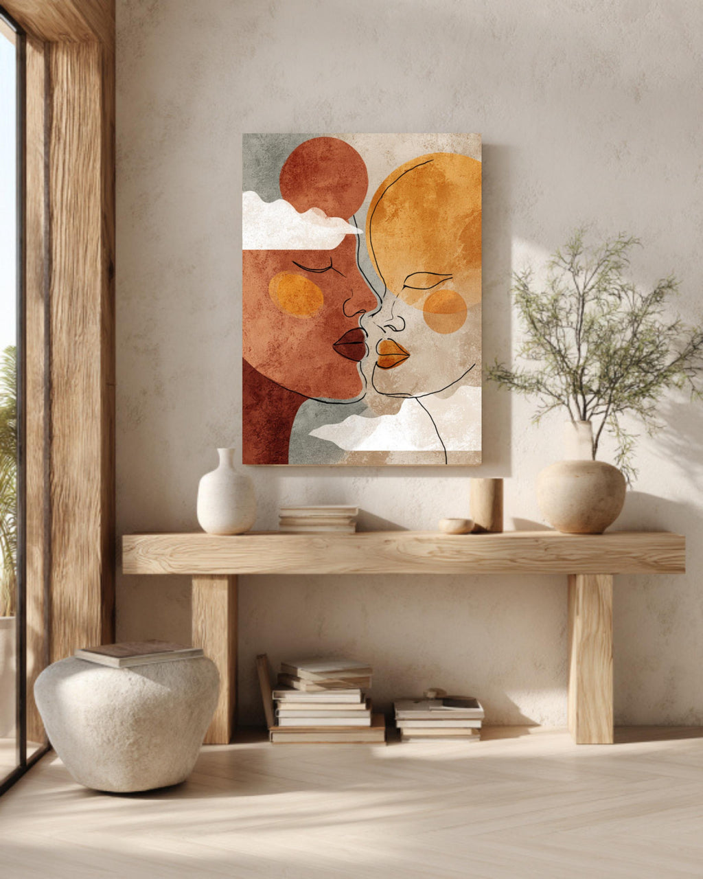 Boho Couple Line Art Canvas Print: Terracotta Sun & Moon