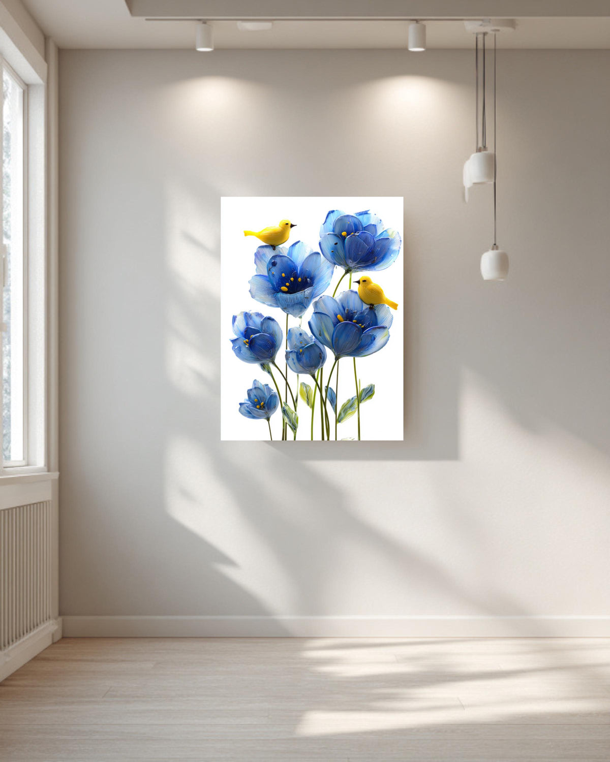 Blue Flower Canvas Painting, Yellow Birds, Playful Nursery Wall Decor