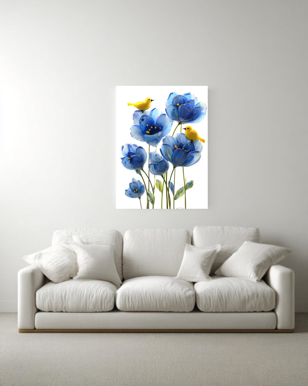 Blue Flower Canvas Painting, Yellow Birds, Playful Nursery Wall Decor