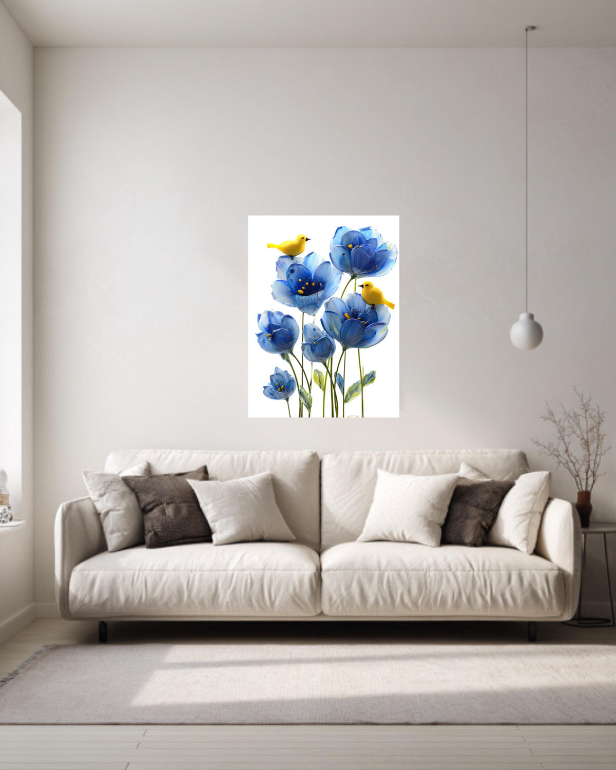 Blue Flower Canvas Painting, Yellow Birds, Playful Nursery Wall Decor