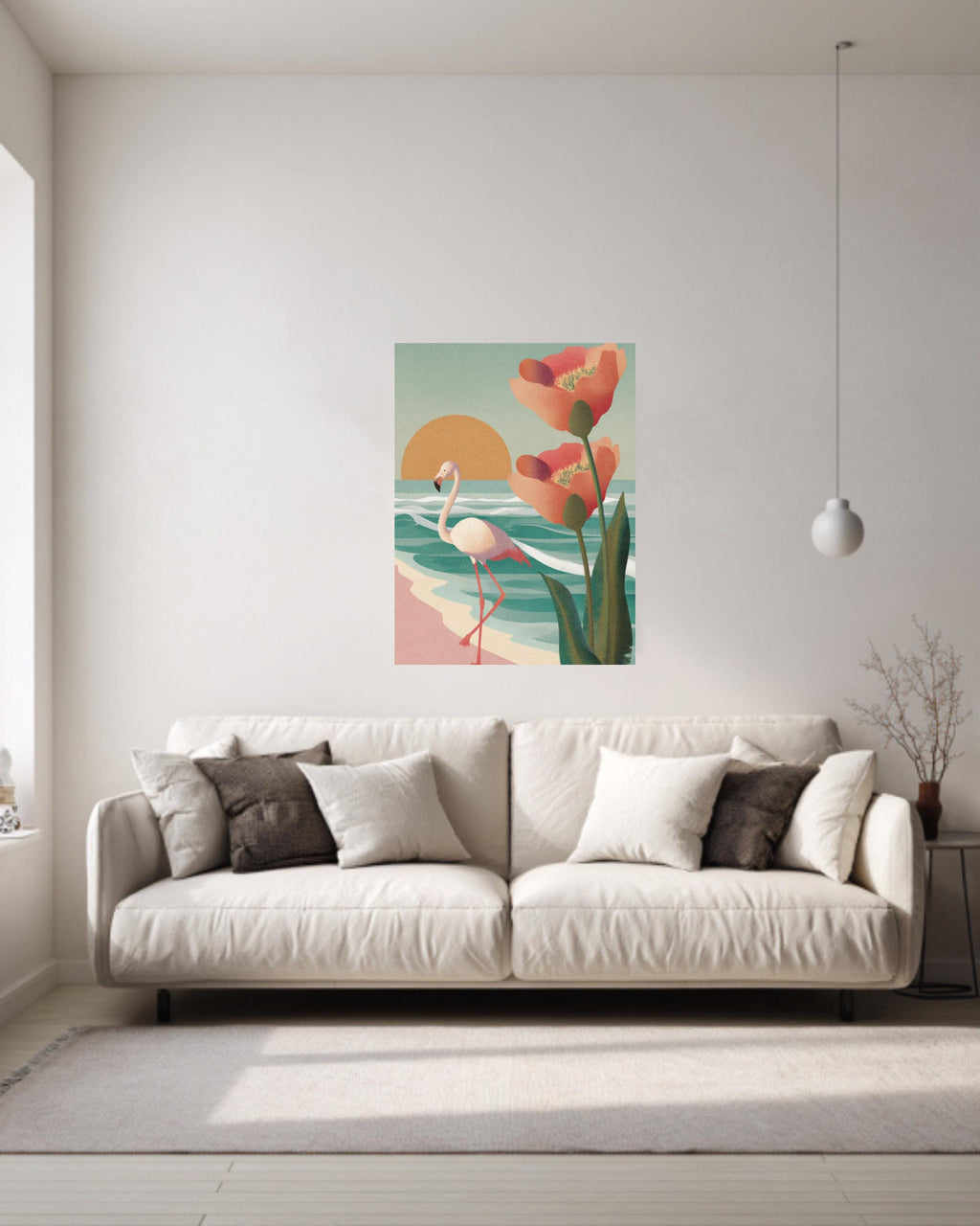 Flamingo Beach Canvas Print, Mid-Century Modern Sunset, Coastal Wall Art