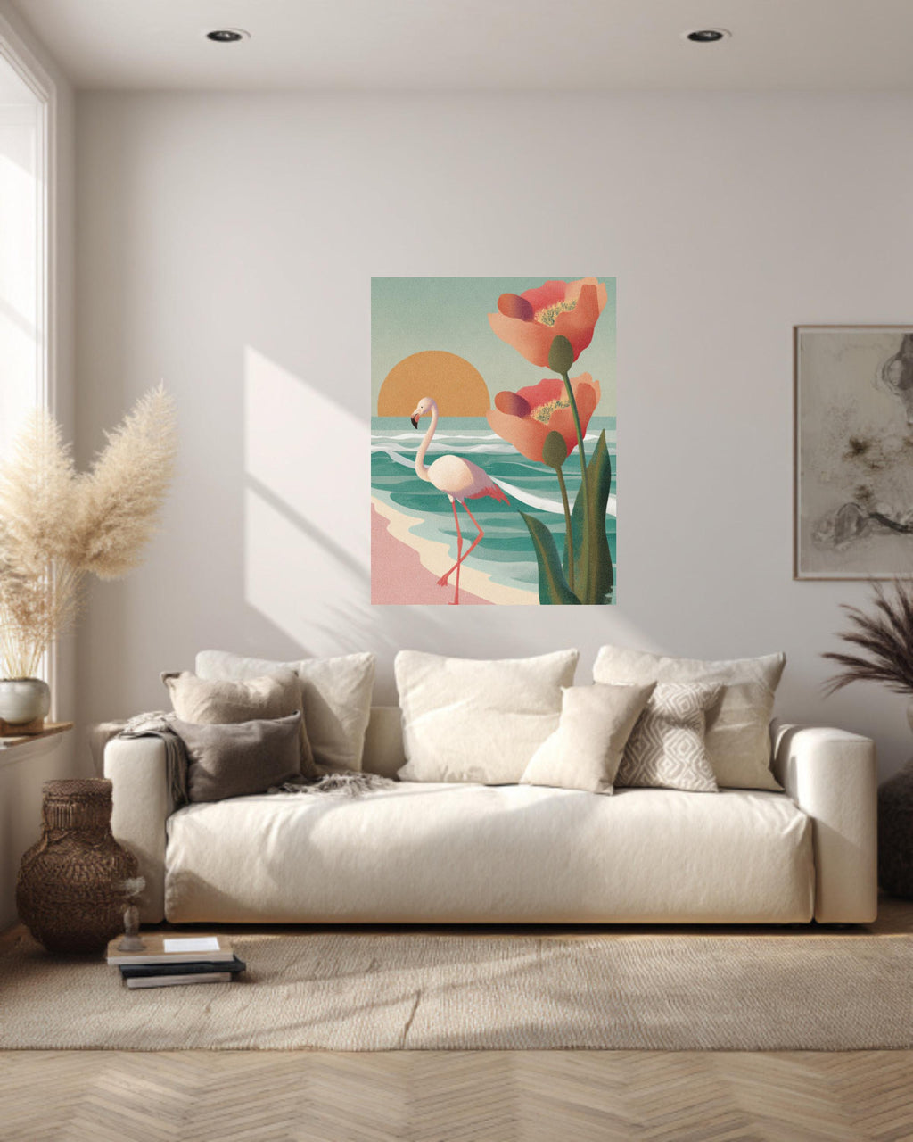 Flamingo Beach Canvas Print, Mid-Century Modern Sunset, Coastal Wall Art