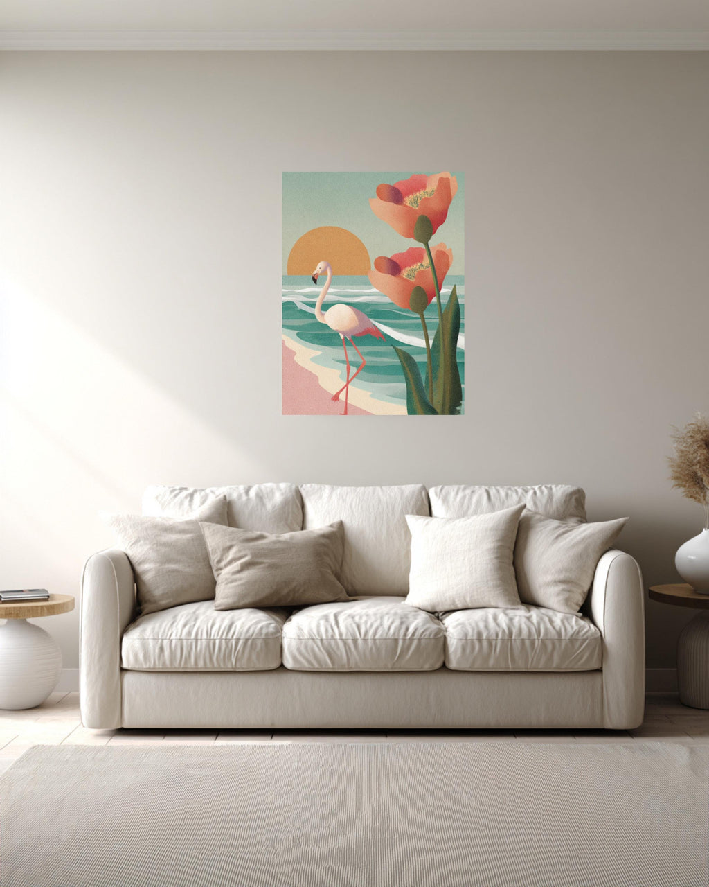 Flamingo Beach Canvas Print, Mid-Century Modern Sunset, Coastal Wall Art