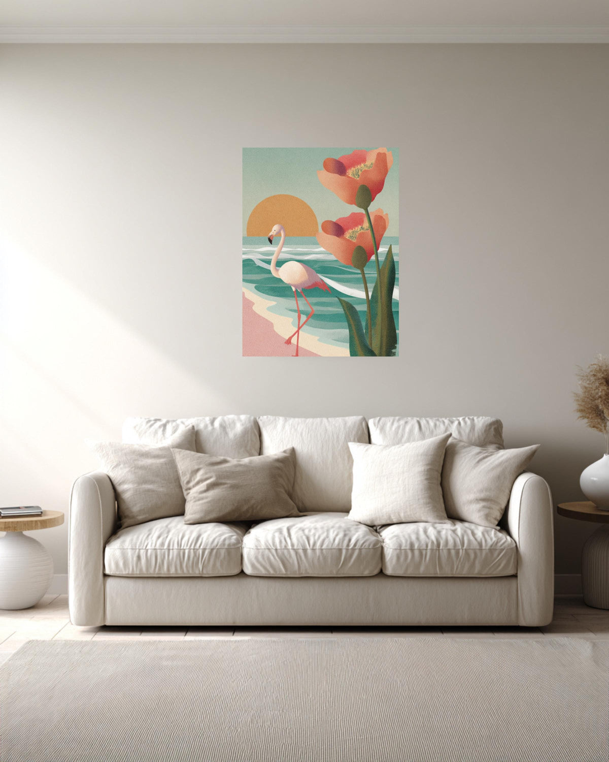 Flamingo Beach Canvas Print, Mid-Century Modern Sunset, Coastal Wall Art