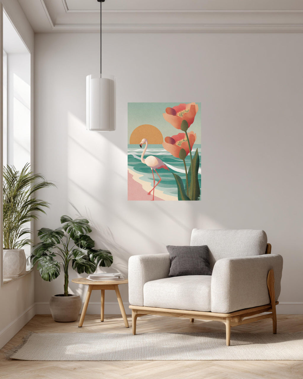Flamingo Beach Canvas Print, Mid-Century Modern Sunset, Coastal Wall Art