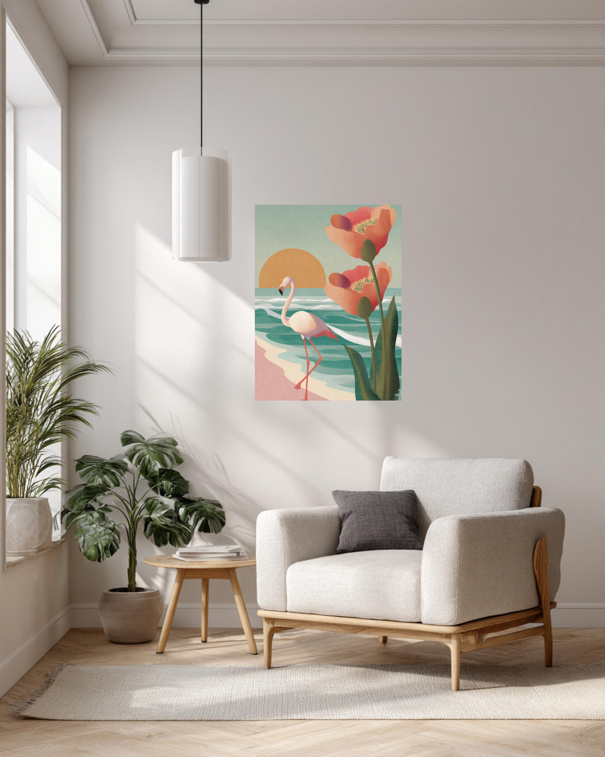 Flamingo Beach Canvas Print, Mid-Century Modern Sunset, Coastal Wall Art