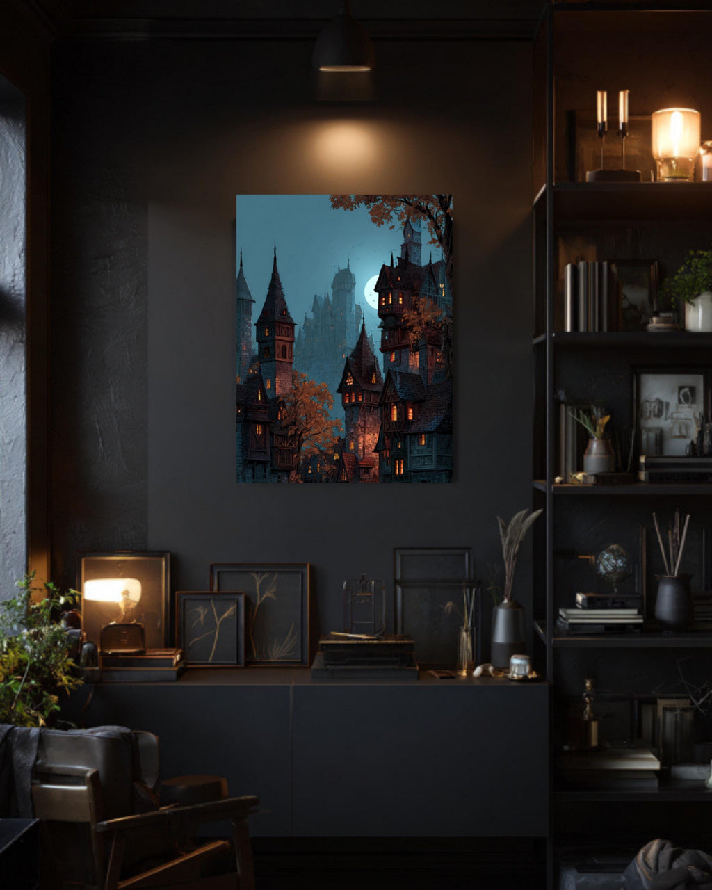 Moonlit Medieval City Canvas Art, Fantasy Wizard Castle