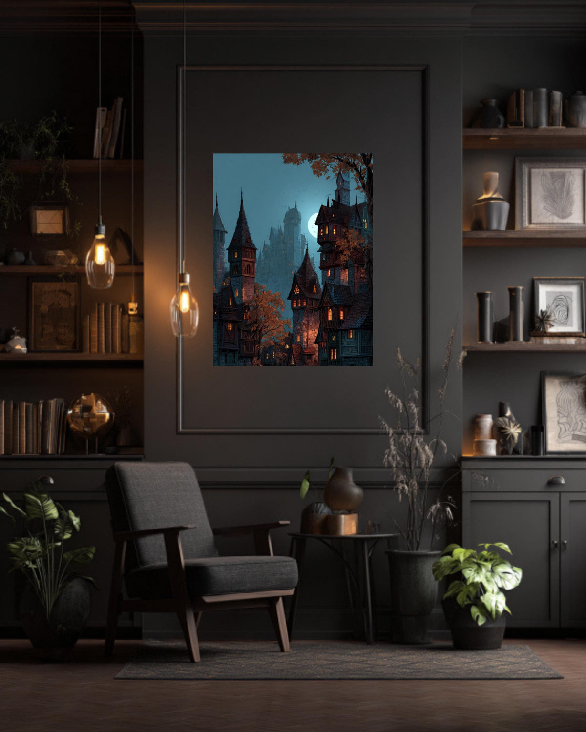 Moonlit Medieval City Canvas Art, Fantasy Wizard Castle