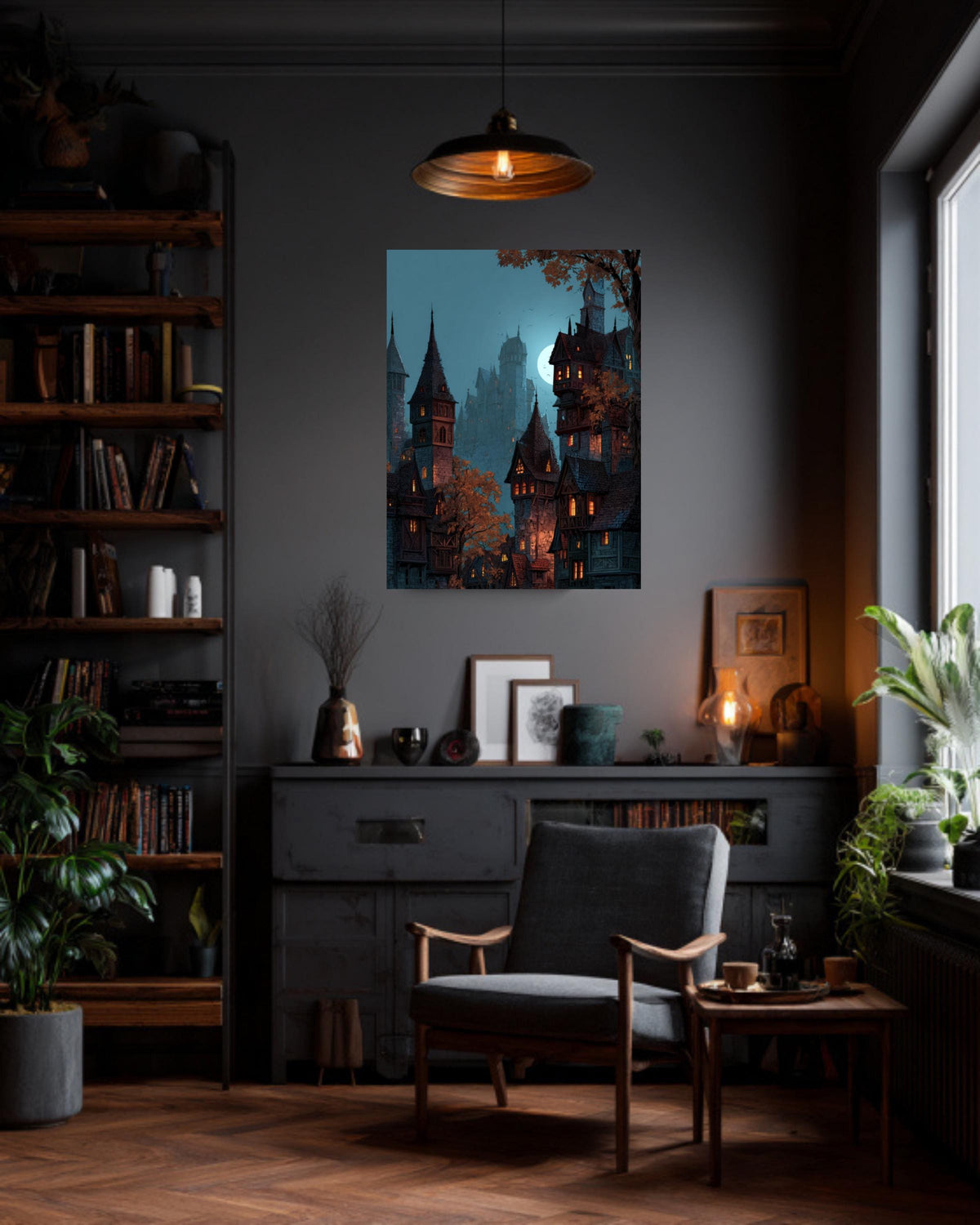 Moonlit Medieval City Canvas Art, Fantasy Wizard Castle