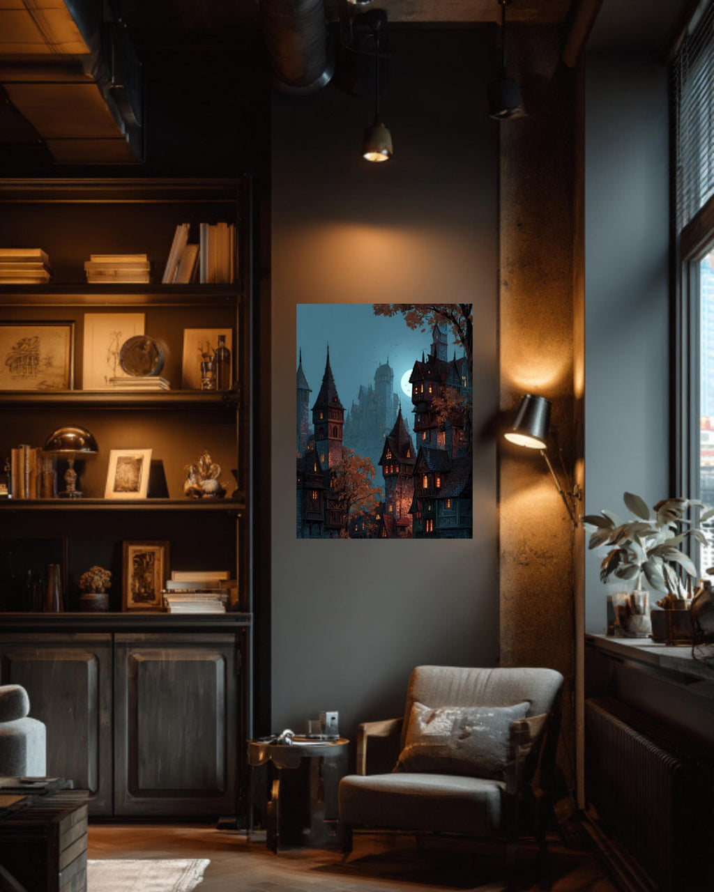 Moonlit Medieval City Canvas Art, Fantasy Wizard Castle