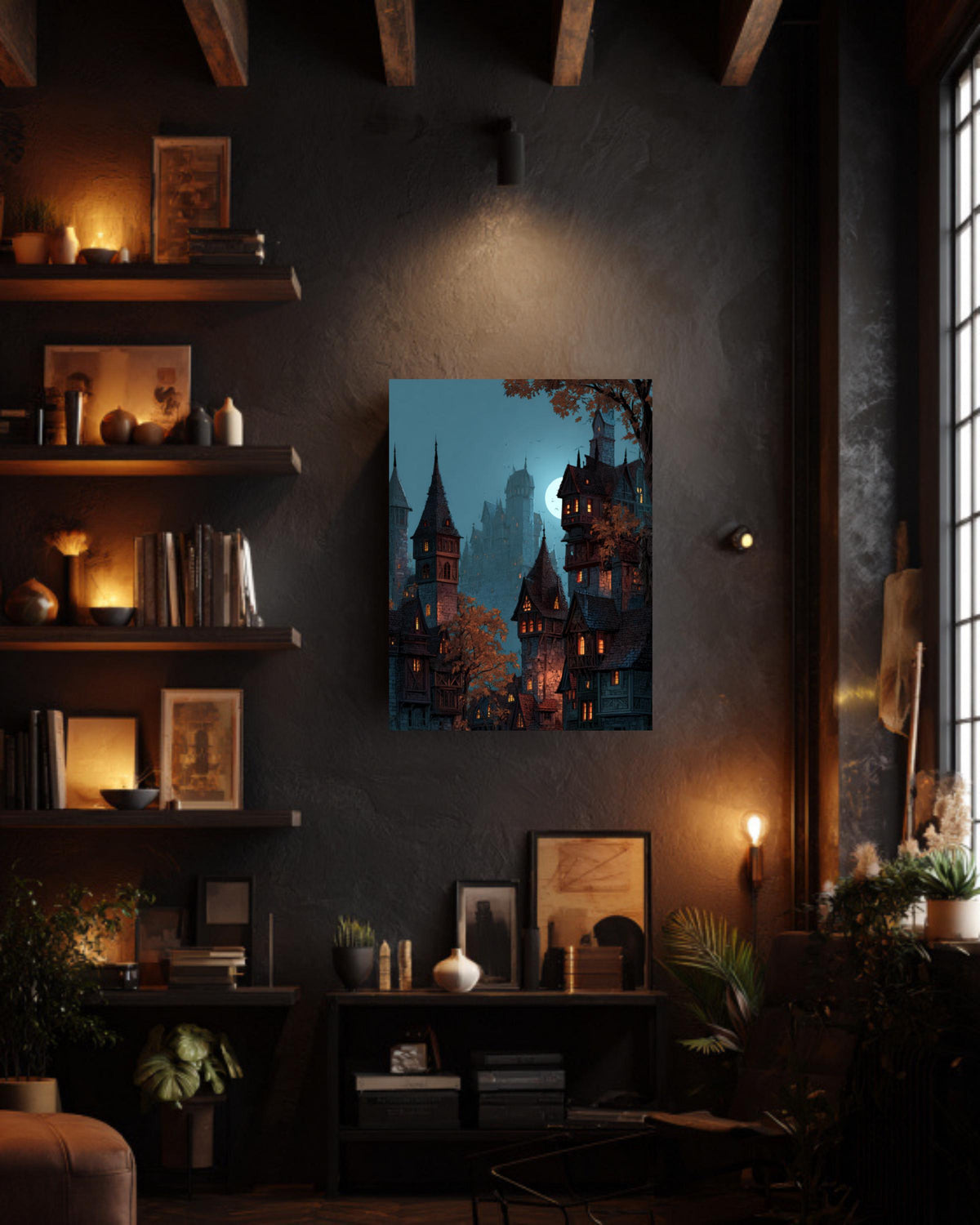 Moonlit Medieval City Canvas Art, Fantasy Wizard Castle