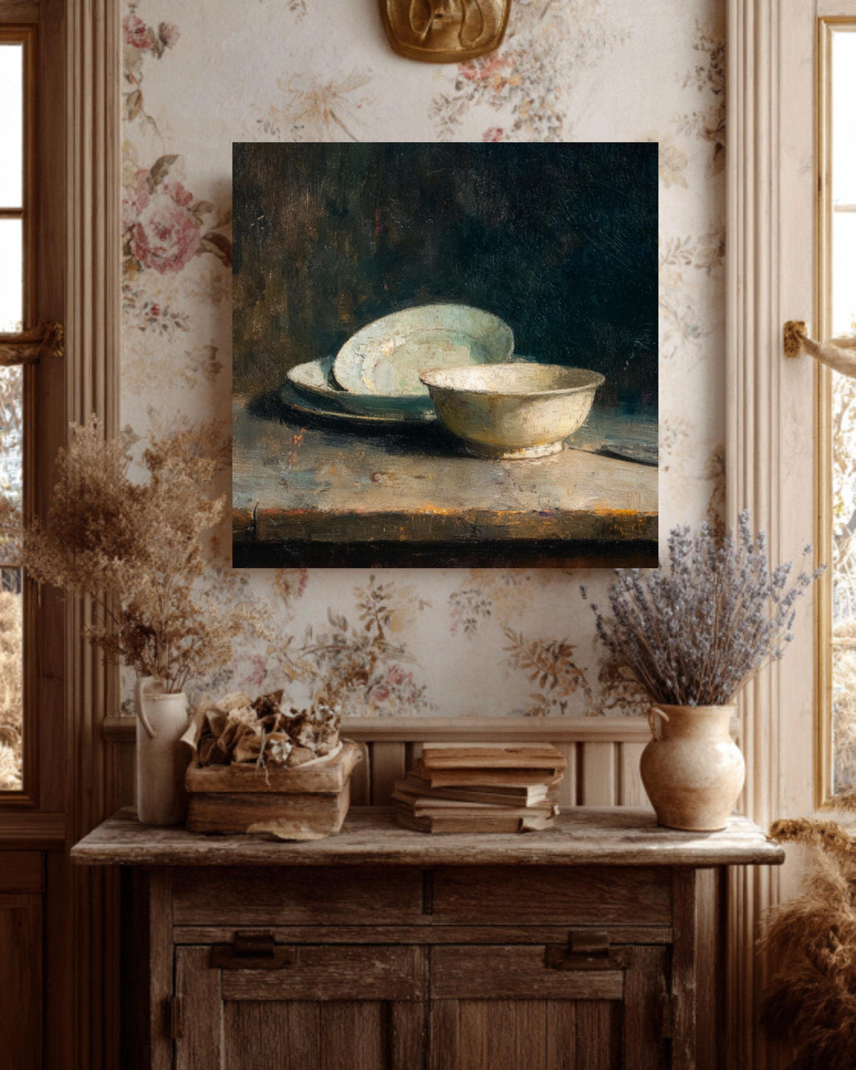 Vintage Still Life Oil Painting on Canvas, Dark Academia Kitchen Art
